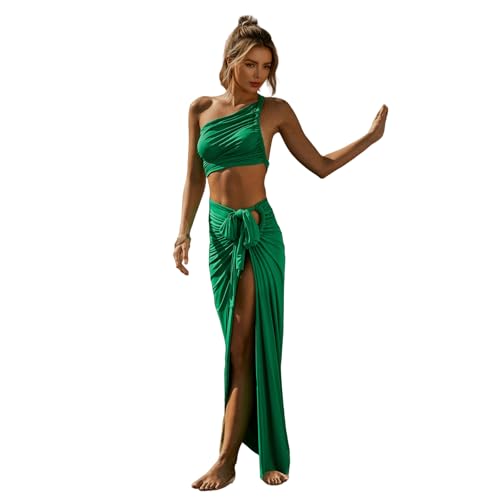 HEYPORK Damen Frühling Sommer Kleider Lässig Bequem Kleid Modern Elegant Röcke Frauen Set Rock Etui-Oberteil + Unregelmäßiger Midirock Mit Riemchen(Grün, M) von HEYPORK
