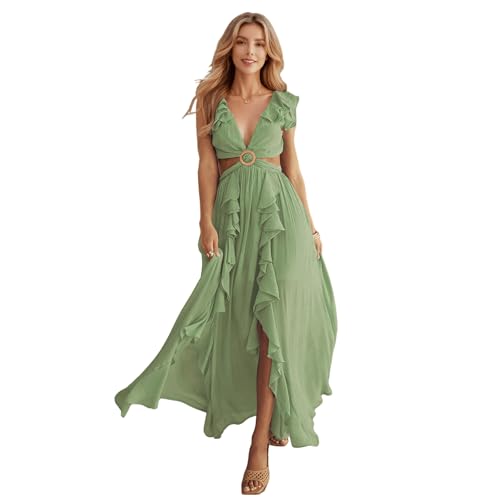 HEYPORK Damen Frühling Sommer Kleider Lässig Bequem Kleid Modern Elegant Röcke Frauen Slim Rückenfreies Kleid V-Ausschnitt Gerafften Schlitz Langen Rock(Grün, M) von HEYPORK