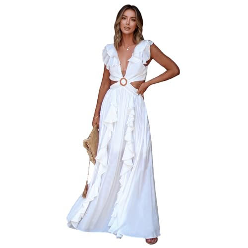 HEYPORK Damen Frühling Sommer Kleider Lässig Bequem Kleid Modern Elegant Röcke Frauen Slim Rückenfreies Kleid V-Ausschnitt Gerafften Schlitz Langen Rock(Weiß, S) von HEYPORK