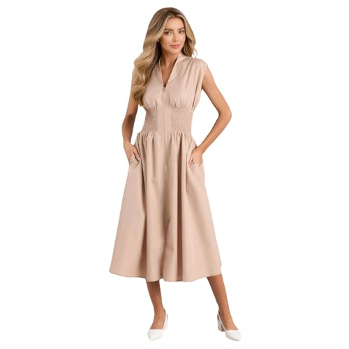 HEYPORK Damen Frühling Sommer Kleider Lässig Bequem Kleid Modern Elegant Röcke Frauen Taillierte Temperament V-Ausschnitt Plissiert Reißverschluss Kleid(Aprikose, XL) von HEYPORK