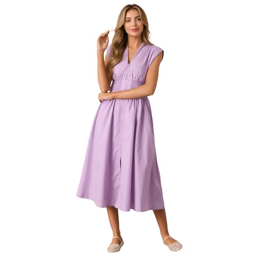 HEYPORK Damen Frühling Sommer Kleider Lässig Bequem Kleid Modern Elegant Röcke Frauen Taillierte Temperament V-Ausschnitt Plissiert Reißverschluss Kleid(Lila, XL) von HEYPORK