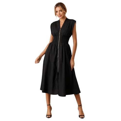 HEYPORK Damen Frühling Sommer Kleider Lässig Bequem Kleid Modern Elegant Röcke Frauen Taillierte Temperament V-Ausschnitt Plissiert Reißverschluss Kleid(Schwarz, XL) von HEYPORK