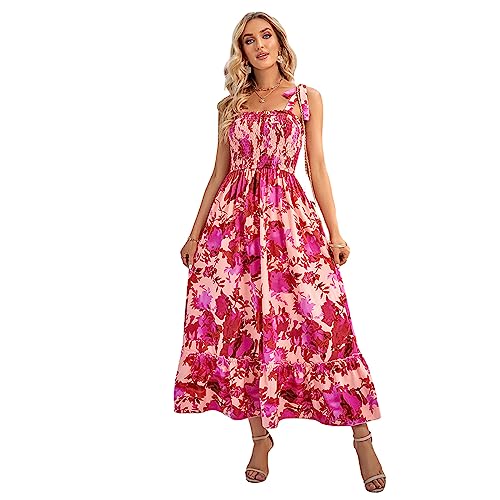 HEYPORK Damen Frühling Sommer Rock Bequem Lässig Kleider Mode Elegant Röcke Frauen Bedruckte Lässige Taille Ärmelloses Trägerkleid Lang(Rot, XL) von HEYPORK