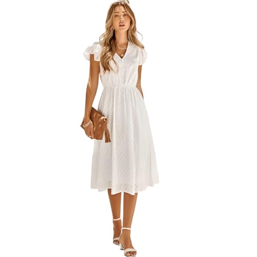 HEYPORK Damen Frühling Sommer Rock Bequem Lässig Kleider Mode Elegant Röcke Frauen Beiläufige Feste Farbe V-Ausschnitt Taille Abnehmender Frischer Stil Kleid(Weiß, XL) von HEYPORK