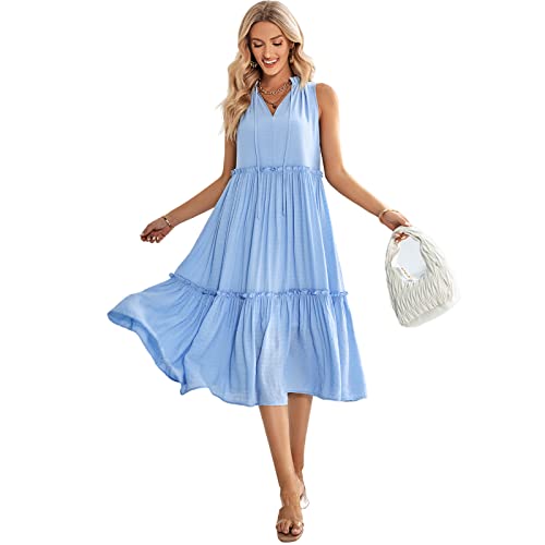 HEYPORK Damen Frühling Sommer Rock Bequem Lässig Kleider Mode Elegant Röcke Frauen Casual V-Ausschnitt Ärmellos Frisch Lose Kleid(Blau, L) von HEYPORK