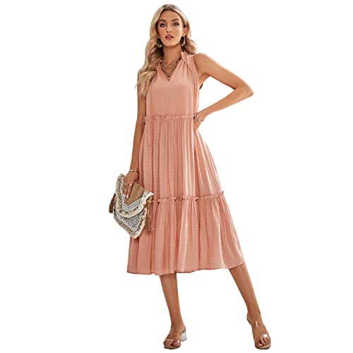 HEYPORK Damen Frühling Sommer Rock Bequem Lässig Kleider Mode Elegant Röcke Frauen Casual V-Ausschnitt Ärmellos Frisch Lose Kleid(Orange, S) von HEYPORK