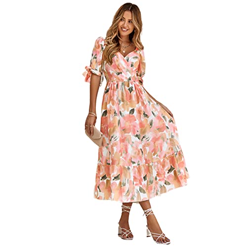 HEYPORK Damen Frühling Sommer Rock Bequem Lässig Kleider Mode Elegant Röcke Frauen Gedruckt Taille Versammlung Puffärmel V-Ausschnitt Kleid Lang(B Rosa, XL) von HEYPORK