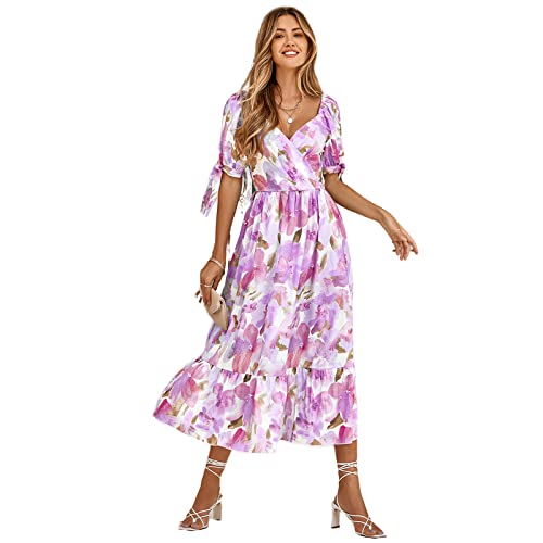 HEYPORK Damen Frühling Sommer Rock Bequem Lässig Kleider Mode Elegant Röcke Frauen Gedruckt Taille Versammlung Puffärmel V-Ausschnitt Kleid Lang(Lila, L) von HEYPORK