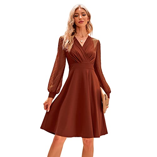 HEYPORK Damen Frühling Sommer Rock Bequem Lässig Kleider Mode Elegant Röcke Frauen Trendy V-Ausschnitt Jacquard Kleid(Karamell, L) von HEYPORK
