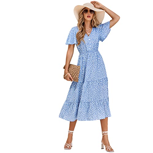 HEYPORK Damen Frühling Sommer Rock Bequem Lässig Kleider Mode Elegant Röcke Frauen V-Ausschnitt Ruffle Ärmel Bedrucktes Kleid(B Blau, L) von HEYPORK