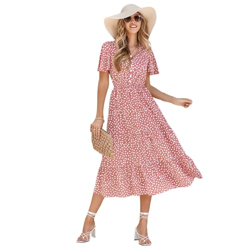 HEYPORK Damen Frühling Sommer Rock Bequem Lässig Kleider Mode Elegant Röcke Frauen V-Ausschnitt Ruffle Ärmel Bedrucktes Kleid(B Rot, M) von HEYPORK