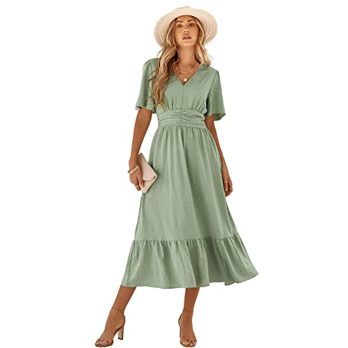 HEYPORK Damen Frühling Sommer Rock Bequem Lässig Kleider Mode Elegant Röcke Frauen V-Ausschnitt Solide Farbe Lotus Blatt Ärmel Lässig Langes Kleid(Hellgrün, S) von HEYPORK