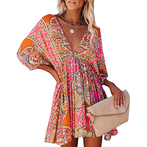 HEYPORK Damen Frühling Sommer Rock Bequem Lässig Kleider Mode Frauen Röcke Ethnischer Druck V-Ausschnitt Langarm Taille Freizeitkleid(Rot, XL) von HEYPORK