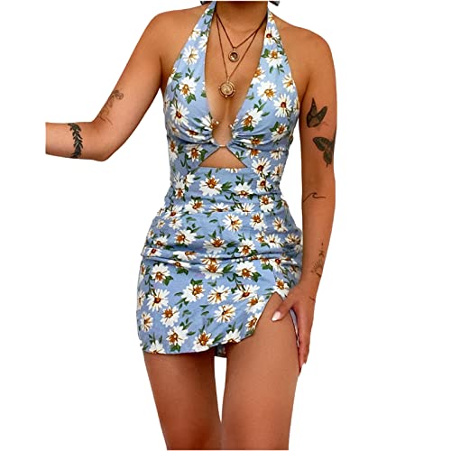 HEYPORK Damen Frühling Sommer Rock Bequem Lässig Kleider Mode Frauen Röcke Gedruckt Sexy Halter Backless Einteiligen Badeanzug(Blau, S) von HEYPORK