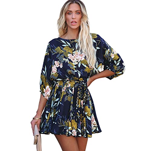 HEYPORK Damen Frühling Sommer Rock Bequem Lässig Kleider Mode Frauen Röcke Mode Floral Rundhals Sieben Teil Ärmel Lässig Kleid(Marine, L) von HEYPORK