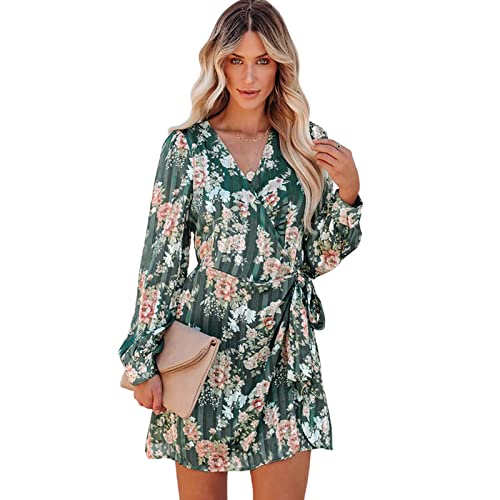 HEYPORK Damen Frühling Sommer Rock Bequem Lässig Kleider Mode Frauen Röcke Mode Gedruckt Lange Ärmel V-Ausschnitt Resort Style Casual Dress(Grün, L) von HEYPORK