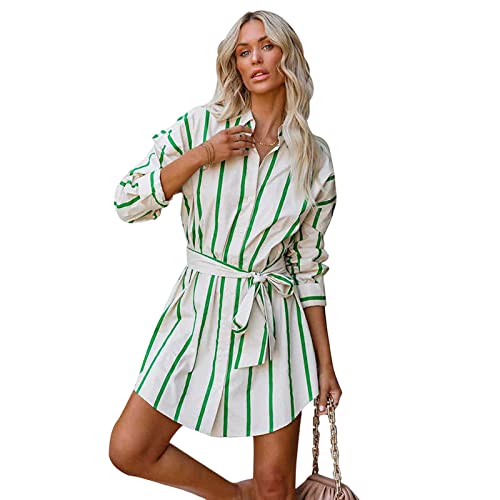 HEYPORK Damen Frühling Sommer Rock Bequem Lässig Kleider Mode Frauen Röcke Mode Gestreift Druck Lange Ärmel Spitze bis Lässig Shirt Kleid(Grün, S) von HEYPORK