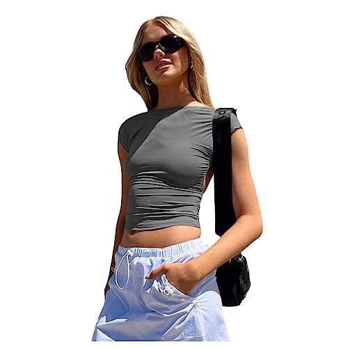 HEYPORK Damen Frühling Sommer Top Bluse Bequem Lässig T-Shirt Mode Blusen Frauen Backless Bequem Atmungsaktiv Kurzarm Slim Top T-Shirt(Dunkelgrau, S) von HEYPORK