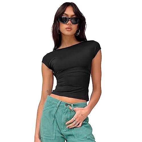 HEYPORK Damen Frühling Sommer Top Bluse Bequem Lässig T-Shirt Mode Blusen Frauen Backless Bequem Atmungsaktiv Kurzarm Slim Top T-Shirt(Schwarz, S) von HEYPORK