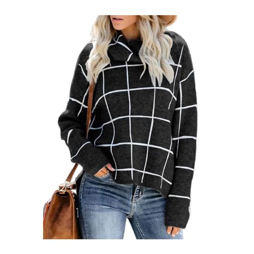 HEYPORK Damen Herbst Winter Warm Bequem Casual Mode Strickjacke Strickpullover Frauen Karierter Pullover Rollkragenpullover Karierter Strickpullover(Schwarz, M) von HEYPORK