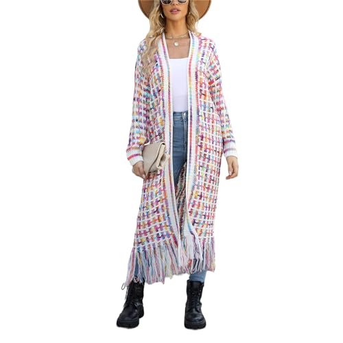 HEYPORK Damen Herbst Winter Warm Bequem Jacke Casual Mode übergangsjacke Mantel Frauen Fransen Lange Strickjacke Jacke Pullover(Rosa, 2XL) von HEYPORK