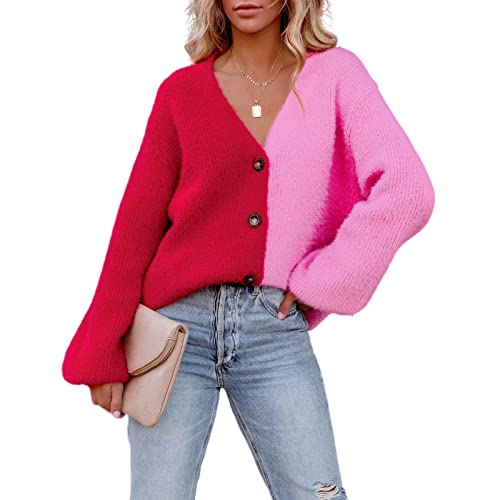 HEYPORK Damen Herbst Winter Warm Bequem Jacke Casual Mode übergangsjacke Mantel Frauen Gestrickt Rosa Einreihig Patchwork Strickjacke(Rot, L) von HEYPORK