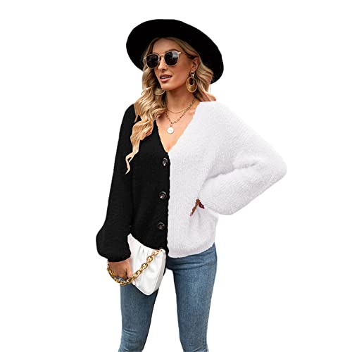 HEYPORK Damen Herbst Winter Warm Bequem Jacke Casual Mode übergangsjacke Mantel Frauen Gestrickt Rosa Einreihig Patchwork Strickjacke(Schwarz, S) von HEYPORK