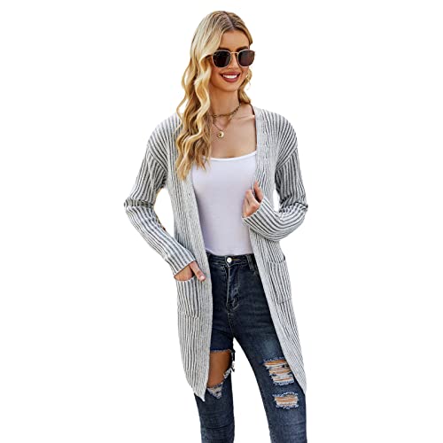 HEYPORK Damen Herbst Winter Warm Bequem Jacke Casual Mode übergangsjacke Mantel Frauen Herbst/Winter Gerippte Strickjacke Tasche Solide Stricken Pullover Jacke(Grau, L) von HEYPORK