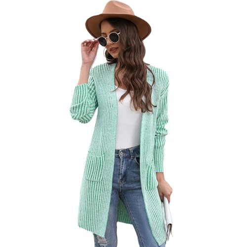 HEYPORK Damen Herbst Winter Warm Bequem Jacke Casual Mode übergangsjacke Mantel Frauen Herbst/Winter Gerippte Strickjacke Tasche Solide Stricken Pullover Jacke(Grün, S) von HEYPORK