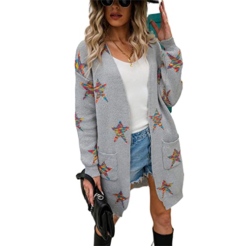 HEYPORK Damen Herbst Winter Warm Bequem Jacke Casual Mode übergangsjacke Mantel Frauen Herbst/Winter Langarm Midi Strickjacke Pentagramm Mode Strickjacke(Grau, M) von HEYPORK