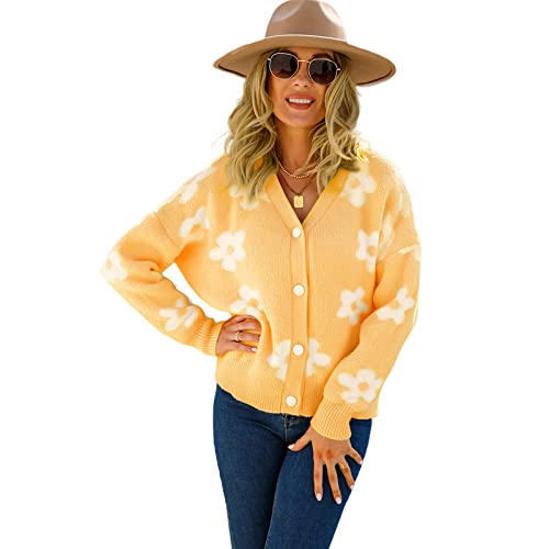 HEYPORK Damen Herbst Winter Warm Bequem Jacke Casual Mode übergangsjacke Mantel Frauen Herbst/Winter Strickjacke mit Blumen Kaschmirjacke(Gelb, M) von HEYPORK
