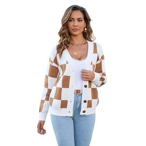 HEYPORK Damen Herbst Winter Warm Bequem Jacke Casual Mode übergangsjacke Mantel Frauen Karierten Pullover Patchwork Strickjacke Top Gestrickte Jacke(Kaffee, L) von HEYPORK