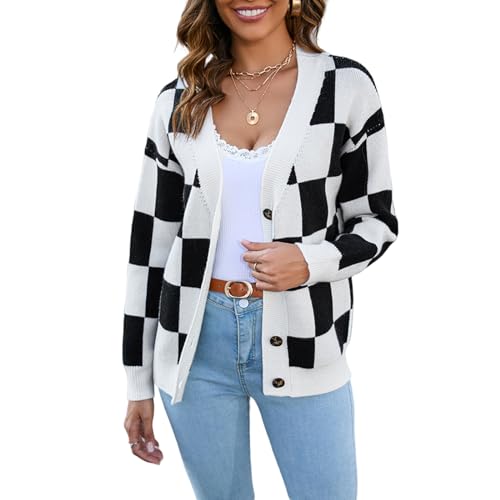 HEYPORK Damen Herbst Winter Warm Bequem Jacke Casual Mode übergangsjacke Mantel Frauen Karierten Pullover Patchwork Strickjacke Top Gestrickte Jacke(Schwarz, L) von HEYPORK