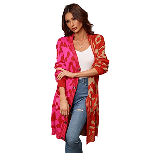 HEYPORK Damen Herbst Winter Warm Bequem Jacke Casual Mode übergangsjacke Mantel Frauen Leopardenmuster Pullover Strickpullover Strickjacke Mittellange Jacke(A Rot, S) von HEYPORK