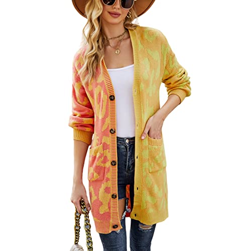 HEYPORK Damen Herbst Winter Warm Bequem Jacke Casual Mode übergangsjacke Mantel Frauen Leopardenmuster Pullover Strickpullover Strickjacke Mittellange Jacke(Gelb, M) von HEYPORK