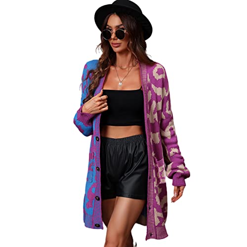 HEYPORK Damen Herbst Winter Warm Bequem Jacke Casual Mode übergangsjacke Mantel Frauen Leopardenmuster Pullover Strickpullover Strickjacke Mittellange Jacke(Lila, M) von HEYPORK