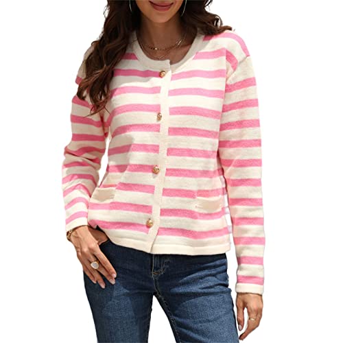 HEYPORK Damen Herbst Winter Warm Bequem Jacke Casual Mode übergangsjacke Mantel Frauen Loose Knitted Sweater Rundhals Gestreifte Strickjacke Pullover(Rot, S) von HEYPORK