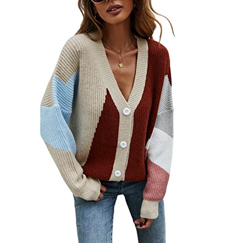 HEYPORK Damen Herbst Winter Warm Bequem Jacke Casual Mode übergangsjacke Mantel Frauen Patchwork Persönlichkeit Mode Stricken Pullover Strickjacke(Aprikose, M) von HEYPORK