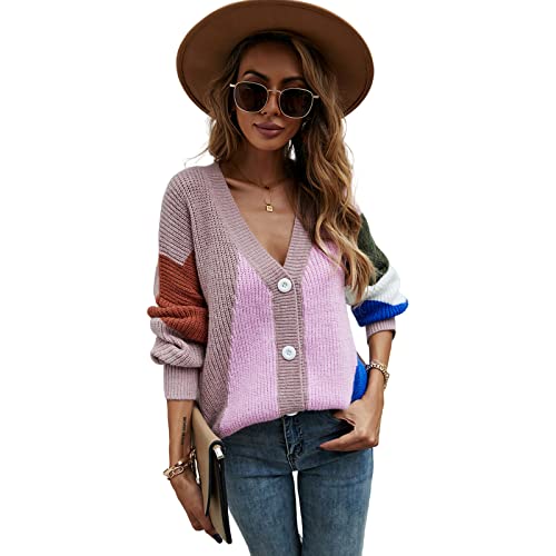 HEYPORK Damen Herbst Winter Warm Bequem Jacke Casual Mode übergangsjacke Mantel Frauen Patchwork Persönlichkeit Mode Stricken Pullover Strickjacke(Rosa, XL) von HEYPORK