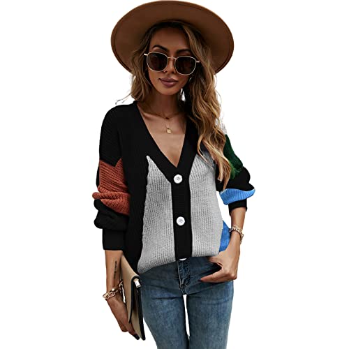 HEYPORK Damen Herbst Winter Warm Bequem Jacke Casual Mode übergangsjacke Mantel Frauen Patchwork Persönlichkeit Mode Stricken Pullover Strickjacke(Schwarz, XL) von HEYPORK