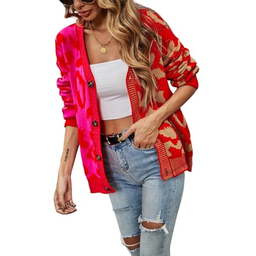 HEYPORK Damen Herbst Winter Warm Bequem Jacke Casual Mode übergangsjacke Mantel Frauen Pullover Leopardenmuster Patchwork Strickjacke Knopfleiste Strickpullover(B Rot, M) von HEYPORK