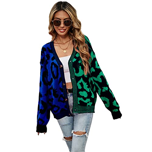 HEYPORK Damen Herbst Winter Warm Bequem Jacke Casual Mode übergangsjacke Mantel Frauen Pullover Leopardenmuster Patchwork Strickjacke Knopfleiste Strickpullover(Blau, XL) von HEYPORK