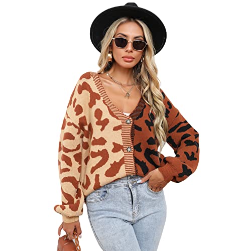 HEYPORK Damen Herbst Winter Warm Bequem Jacke Casual Mode übergangsjacke Mantel Frauen Pullover Leopardenmuster Patchwork Strickjacke Knopfleiste Strickpullover(Braun, M) von HEYPORK