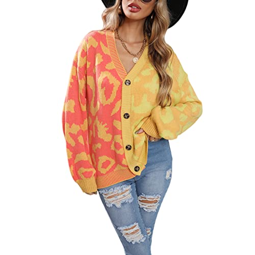 HEYPORK Damen Herbst Winter Warm Bequem Jacke Casual Mode übergangsjacke Mantel Frauen Pullover Leopardenmuster Patchwork Strickjacke Knopfleiste Strickpullover(Gelb, L) von HEYPORK