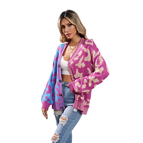 HEYPORK Damen Herbst Winter Warm Bequem Jacke Casual Mode übergangsjacke Mantel Frauen Pullover Leopardenmuster Patchwork Strickjacke Knopfleiste Strickpullover(Lila, S) von HEYPORK