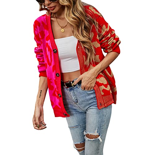 HEYPORK Damen Herbst Winter Warm Bequem Jacke Casual Mode übergangsjacke Mantel Frauen Pullover Leopardenmuster Patchwork Strickjacke Knopfleiste Strickpullover(Rot, L) von HEYPORK