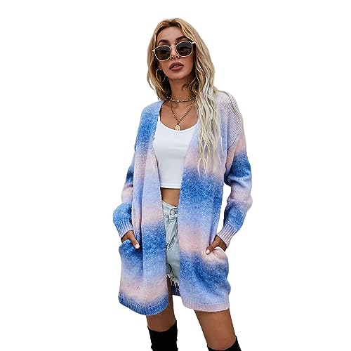 HEYPORK Damen Herbst Winter Warm Bequem Jacke Casual Mode übergangsjacke Mantel Frauen Pullover Regenbogen Mittlere Länge Strickjacke Tasche Gestrickt Jacke(Blau, L) von HEYPORK
