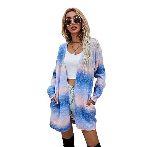 HEYPORK Damen Herbst Winter Warm Bequem Jacke Casual Mode übergangsjacke Mantel Frauen Pullover Regenbogen Mittlere Länge Strickjacke Tasche Gestrickt Jacke(Blau, XL) von HEYPORK