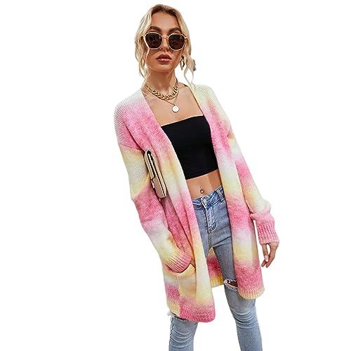 HEYPORK Damen Herbst Winter Warm Bequem Jacke Casual Mode übergangsjacke Mantel Frauen Pullover Regenbogen Mittlere Länge Strickjacke Tasche Gestrickt Jacke(Rot, 2XL) von HEYPORK