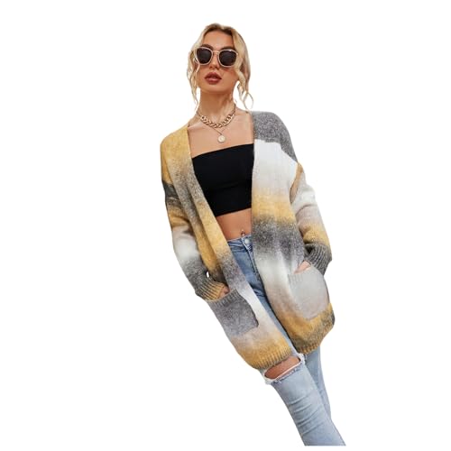 HEYPORK Damen Herbst Winter Warm Bequem Jacke Casual Mode übergangsjacke Mantel Frauen Pullover Regenbogen Mittlere Länge Strickjacke Tasche Gestrickt Jacke von HEYPORK